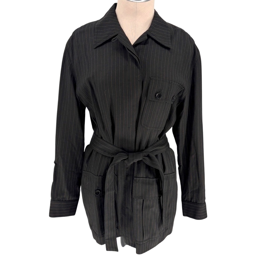 Anne Klein Safari Jacket 4 Black Pinstripe Belted Rayon Wool Utility Pocket